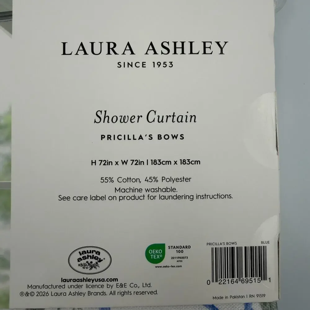 Laura Ashley Pricilla's Bows Shower Curtain Floral Cottagecore Blue White 72x72